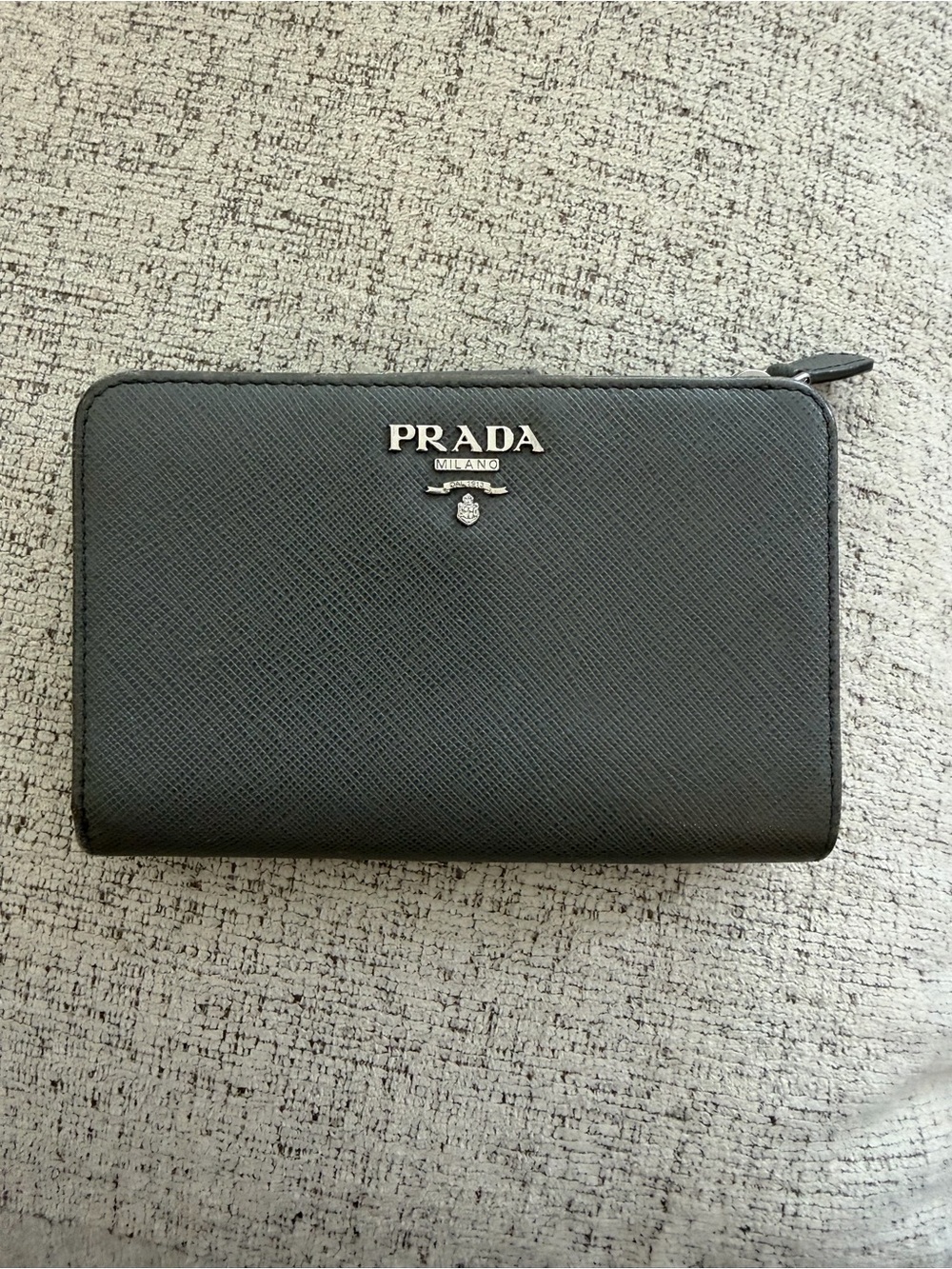 Prada Gray Saffiano Leather Zip & Snap Wallet